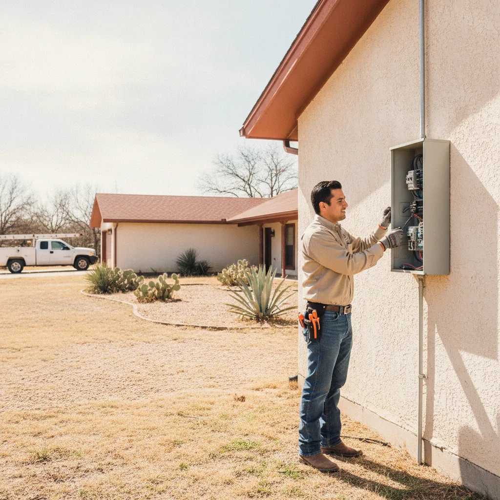 Residential electrician inspecting an exterior electrical panel at a Uvalde Texas home